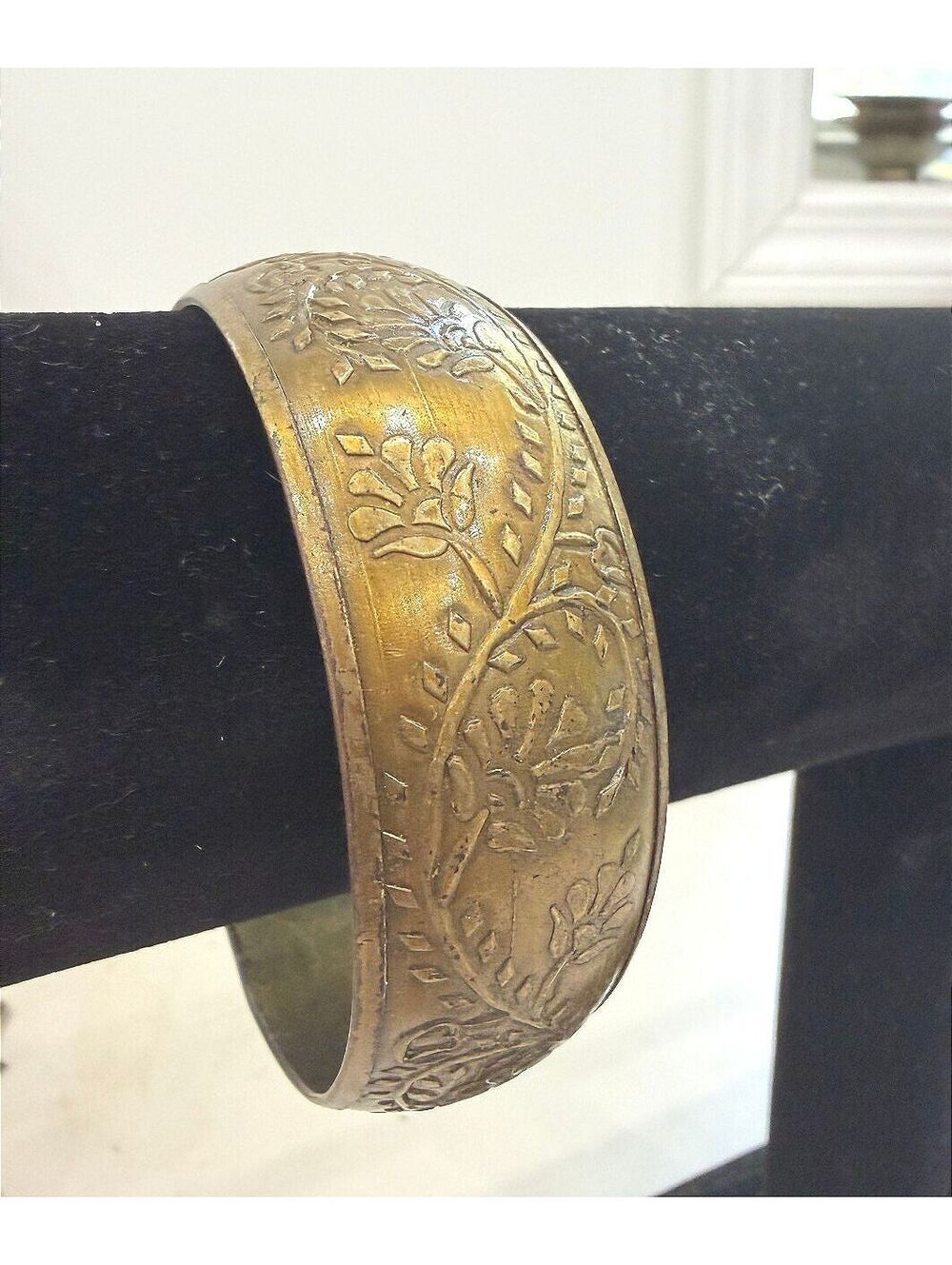 Vintage Brass Floral Engraved Cuff Bracelet 8.5"